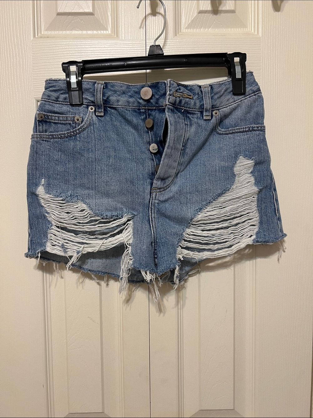 eos Light Blue Distressed Button-Fly Denim Shorts